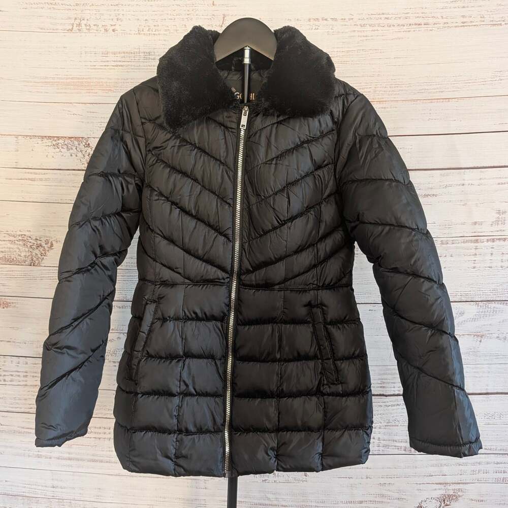 Big Chill Puffer Jacket Womens S Black Down Feather Chevron Quilted Faux Fur Coa
